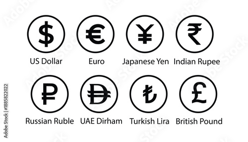 World Currency Icon Set Vector – Dollar, Euro, Yen, Rupee, Pound and Global Money Symbols Collection