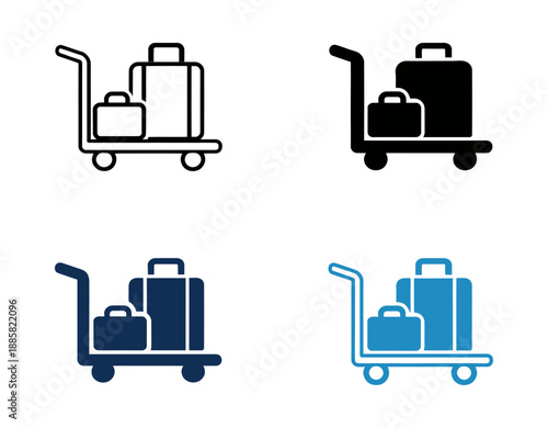 Modern luggage cart icon set featuring suitcases on a trolley for travel and transportation