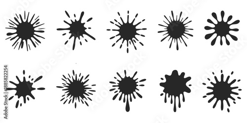 Black vector spray paint splatter elements, graffiti ink dotted splashes, grainy retro style, analog handmade gradients, noise dust dirty drip texture, speckled grit stippled dots spatter. holi colors