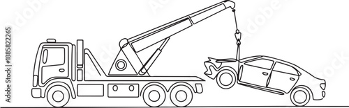 Continuous one line drawing tow truck is lifting the broken car to be lifted onto it using the crane. The car was damaged in a traffic accident. one line Icon drawing
