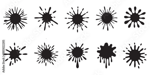 Black vector spray paint splatter elements, graffiti ink dotted splashes, grainy retro style, analog handmade gradients, noise dust dirty drip texture, speckled grit stippled dots spatter. holi colors