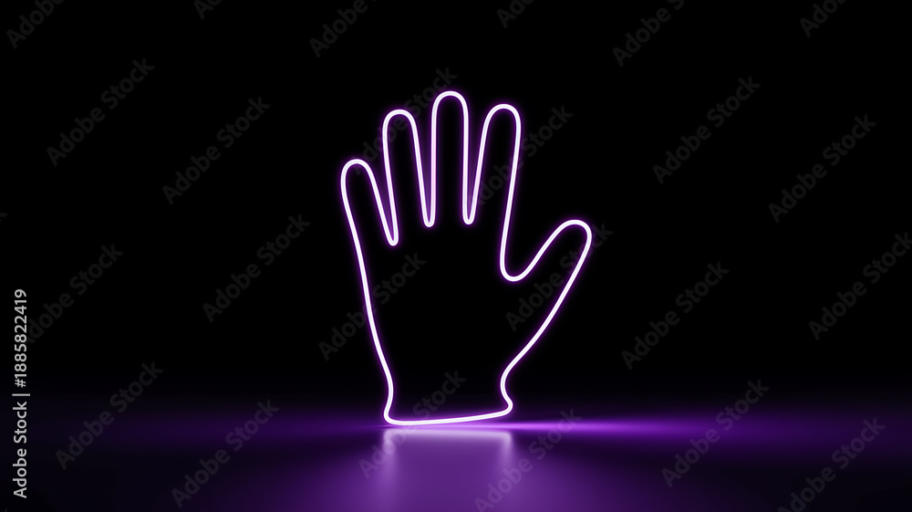 Fototapeta premium A vibrant neon purple outline of an open human hand against a dark background