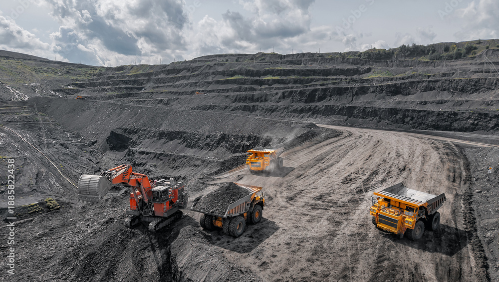 Fototapeta premium Aerial view banner Open pit mine industry, excavator and big yellow mining truck for coal anthracite