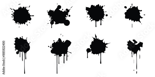 black ink watercolor splatter texture set of eight. Collection of Black Ink Splashes and Splatters Isolated on White Background. Concept of artistic design elements, grunge texture, creative abstracts