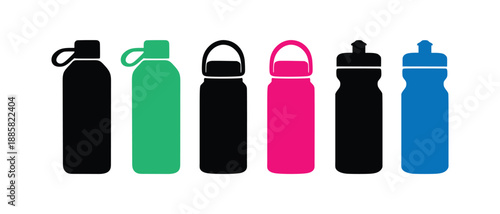 Water Bottle Icon Set Vector – Reusable Sports Bottles, Hydration and Fitness Drink Container Symbols