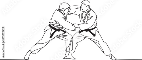 One single line drawing of two young energetic judokas fighter men battle fighting at gym center vector graphic illustration. Martial art sport competition concept. one line Icon drawing