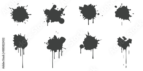 black ink watercolor splatter texture set of eight. Collection of Black Ink Splashes and Splatters Isolated on White Background. Concept of artistic design elements, grunge texture, creative abstracts
