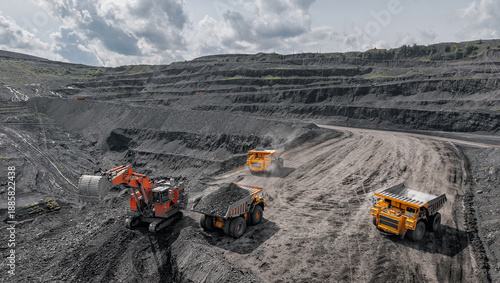 Aerial view banner Open pit mine industry, excavator and big yellow mining truck for coal anthracite © Parilov
