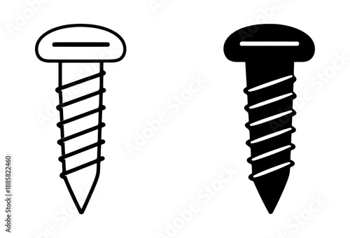 Hand drawn screw icon set featuring line art and silhouette flat head screws for construction and repair projects