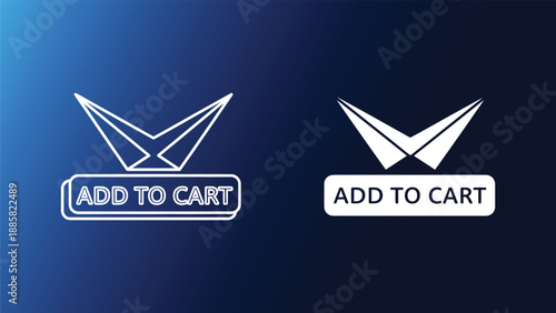 E commerce add to cart buttons with origami paper airplane icons on gradient blue backgrounds for online shopping and retail