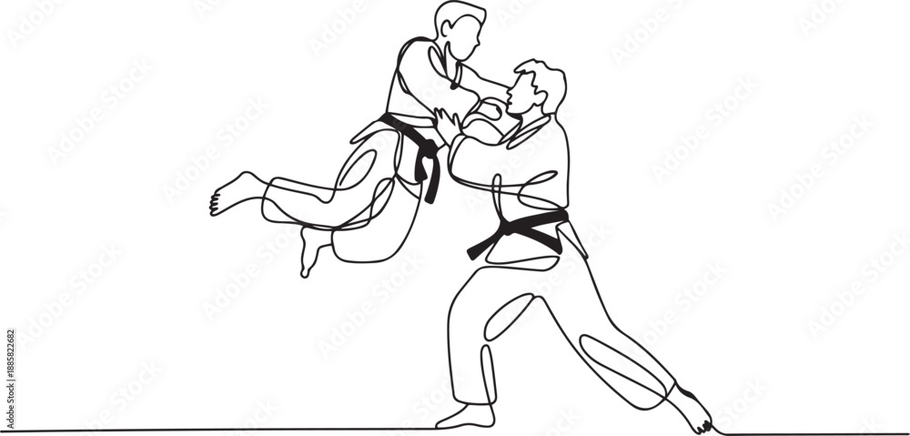 Fototapeta premium One single line drawing of two young energetic judokas fighter men battle fighting at gym center vector graphic illustration. Martial art sport competition concept. one line Icon drawing