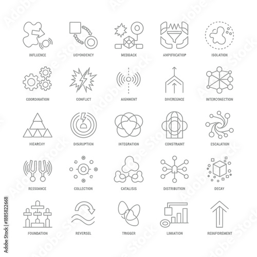 Grid of 25 abstract line icons representing various business and scientific concepts like influence, conflict, integration, and distribution.