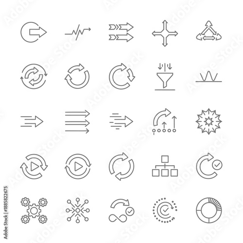 A comprehensive collection of line icons illustrating various processes, cycles, arrows, data flow, and system diagrams for business and technology applications.