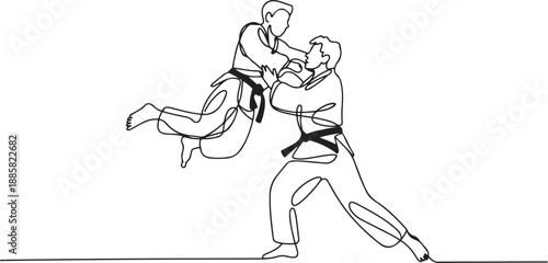 One single line drawing of two young energetic judokas fighter men battle fighting at gym center vector graphic illustration. Martial art sport competition concept. one line Icon drawing