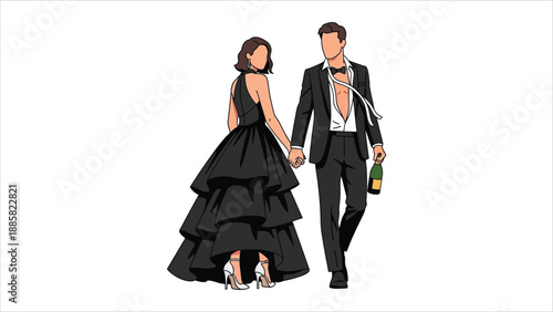 Vector Illustration of a Formal Couple in Black Tuxedo and Gown Walking with Champagne Bottle.eps