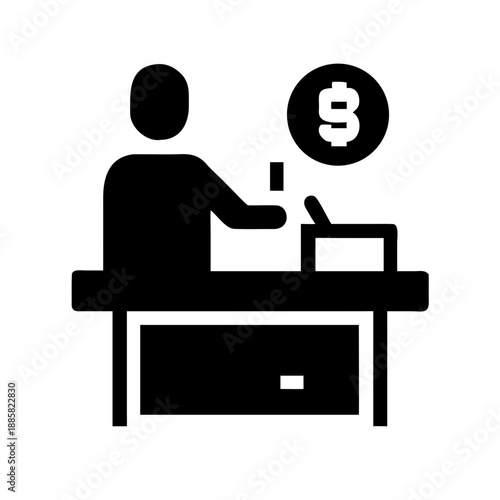 Flat vector icon of a cashier at a desk with a dollar sign, isolated on a white background. Ideal for fintech blogs, retail websites, and banking app interfaces.