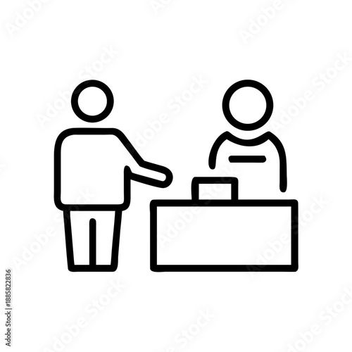 Minimalist line art icon of a person at a service counter with an employee. Ideal for retail blogs or business sites regarding customer service or reception. White, background, isolated.