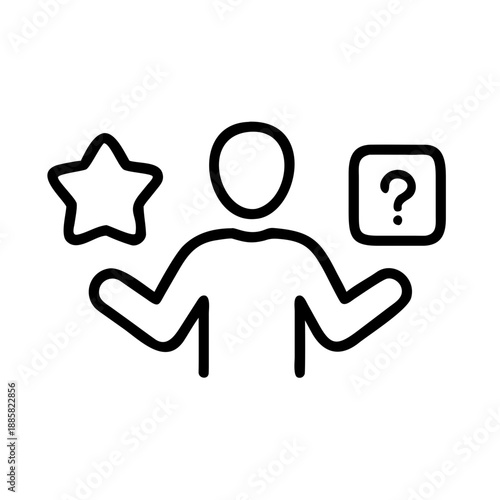 Minimalist line art icon of a person choosing between a star and a question mark. Use for tech blogs or business sites regarding decision-making, UI/UX, or customer support. White, background, isolate