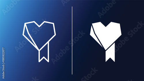 Heart shaped origami figures in white on contrasting blue backgrounds symbolizing love and duality