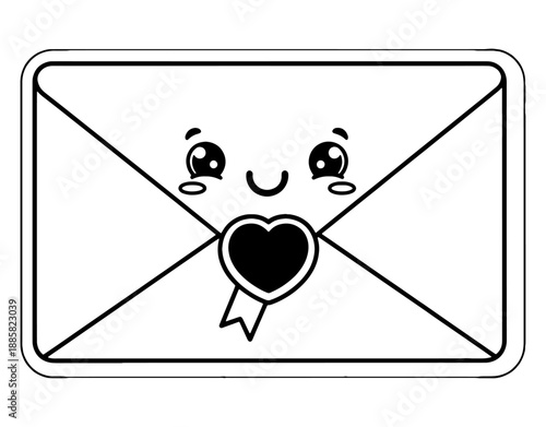 Cute minimalist line art illustration of a smiling kawaii envelope with a heart seal, vector sticker for romantic love letters, Valentine's Day messages, and wedding invitations.