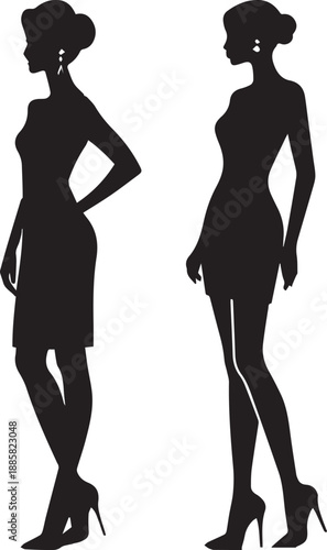 Stylish female silhouettes in fashionable dresses modern fashion style and confidence poses vector on white background