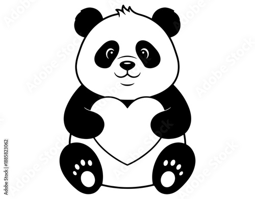 Cute minimalist line art illustration of a panda sitting and holding a large heart, vector sticker for love, friendship, children's decor, and Valentine's Day concepts.
