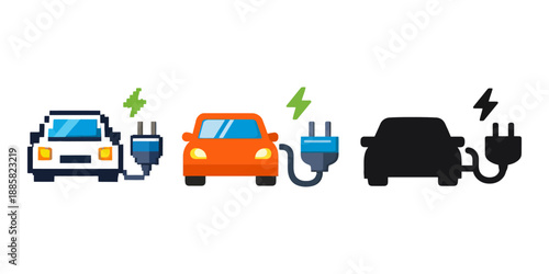 Electric car charging pixel, flat, and silhouette icons