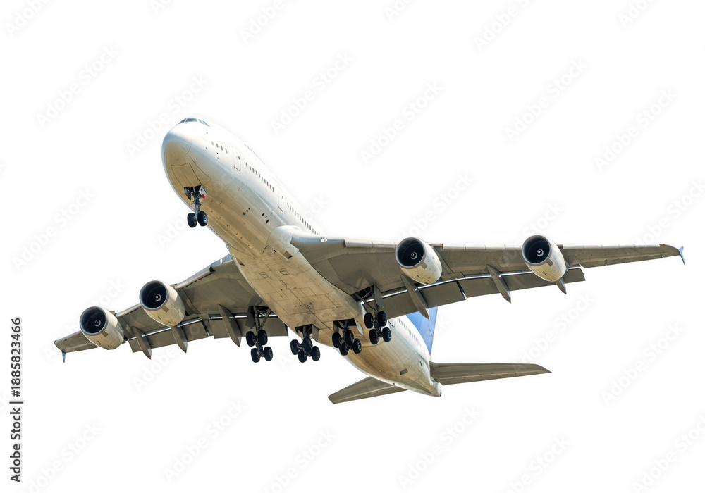 Obraz premium Large commercial airplane in flight isolated on transparent background