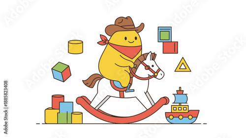 A smiling egg in a cowboy hat rides a white rocking horse surrounded by toys and a toy boat
