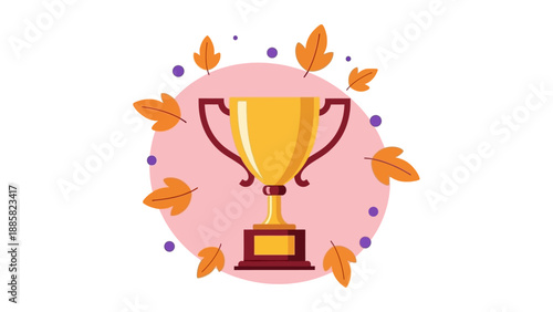 A golden trophy surrounded by autumn leaves and purple dots on a pink background illustration