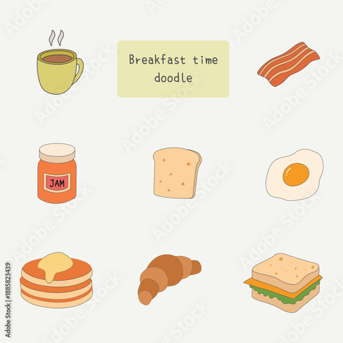Doodle breakfast food hand drawn vector isolated collection set. Cartoon of morning foods like sunny side up, bread, bacon, pancake, sandwich for icon, asset, design
