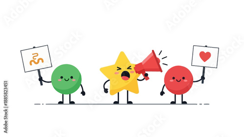 Three cartoon characters holding signs and shouting through a megaphone in a promotional scene