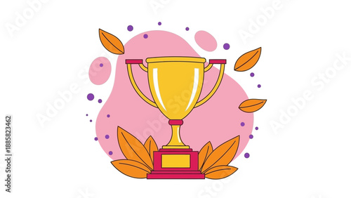 Golden trophy illustration with leaves and dots on abstract background