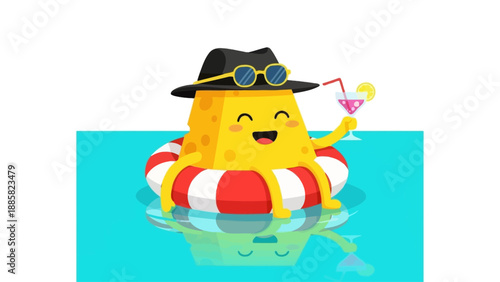 A smiling yellow character floats on a red and white inflatable ring in a pool holding a cocktail drink and wearing sunglasses and a black hat