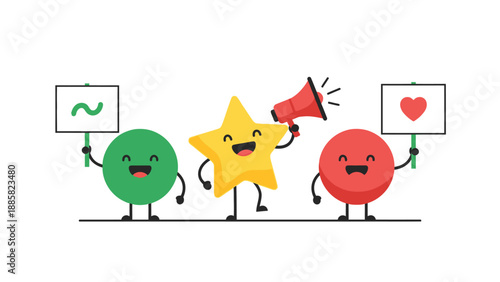 Cartoon characters holding signs and megaphone, expressing various emotions and symbols in a playful illustration.