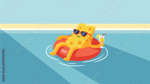 A cartoon pizza slice floats on an inflatable ring in a serene swimming pool scene from an overhead viewpoint.