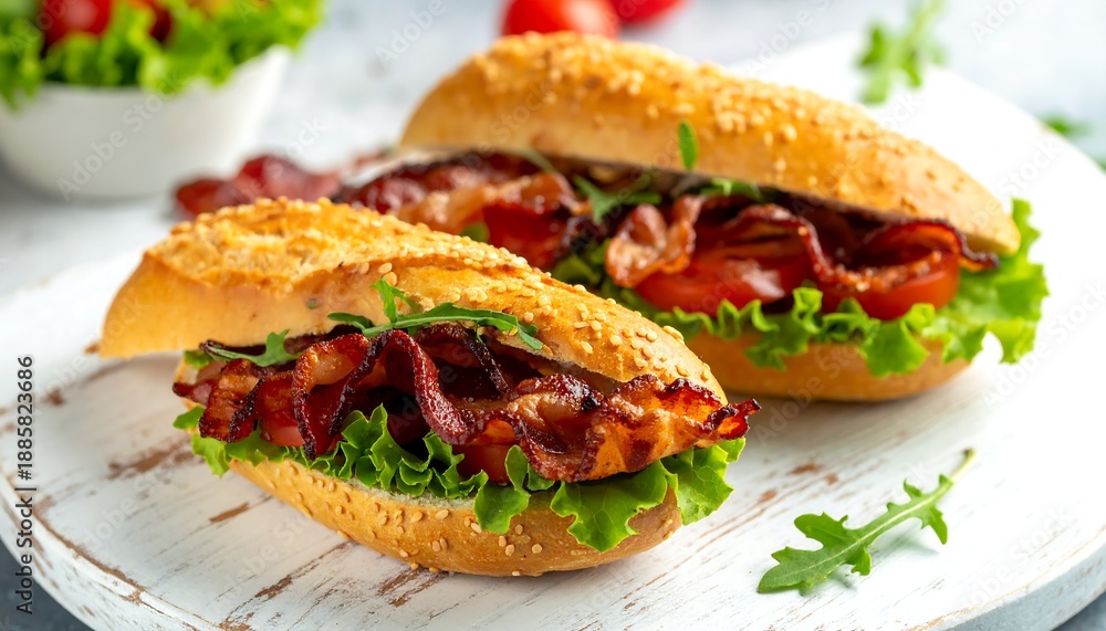 Fototapeta premium Kaiser roll sandwich with peameal bacon lettuce and tomato on white wood