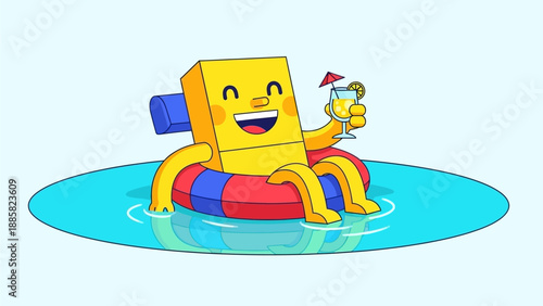 A smiling yellow cube character relaxing on a striped inflatable raft in a serene pool from a top view