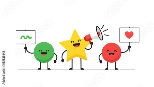 Three cartoon characters holding signs and a megaphone, conveying emotions and messages, in a simple illustration style.