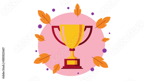 A golden trophy with leaves and dots surrounding it on a circular background viewed from the front