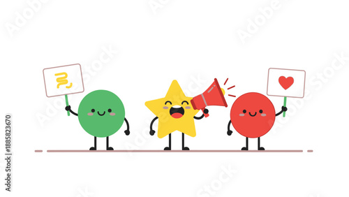 Colorful characters holding signs and announcing with megaphone in a promotional scene from a front viewpoint