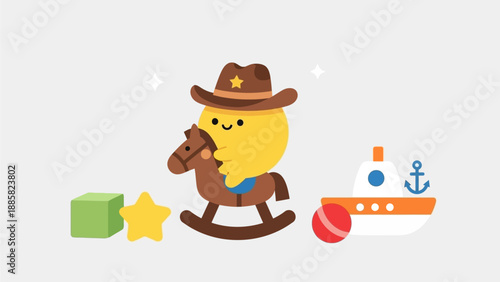 A smiling egg character rides a rocking horse wearing a cowboy hat, surrounded by a star, cube, boat, and ball.