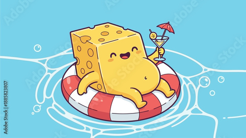 A cheerful cheese character floats on a red and white lifebuoy in a serene aquatic setting viewed from above