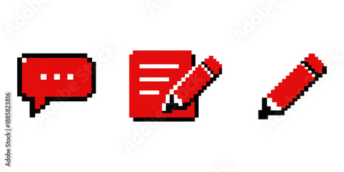 Pixel art communication tools set featuring a speech bubble, document, and pencil for digital interface design