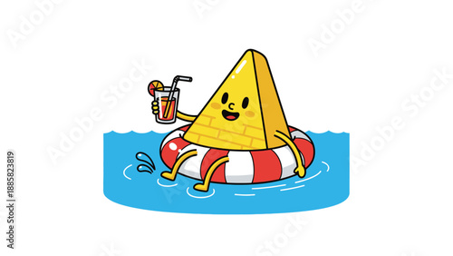 A cartoon wedge of cheese floats on a red and white inflatable ring in the water with a drink