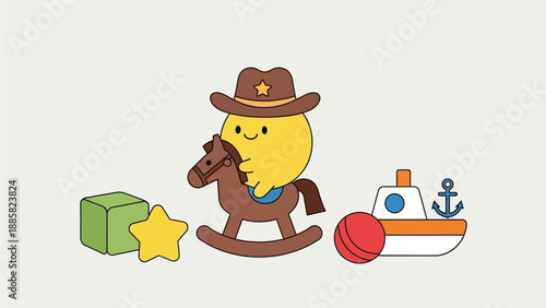 Cartoon character riding a rocking horse with a star, boat, and ball nearby in a playful scene