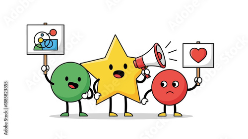 Three cartoon characters holding signs and a megaphone, symbolizing communication and teamwork, in a simple illustration style