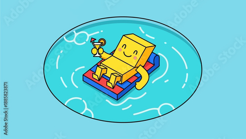 A smiling yellow box floats on a raft in the water, enjoying a leisurely ride on a sunny day.