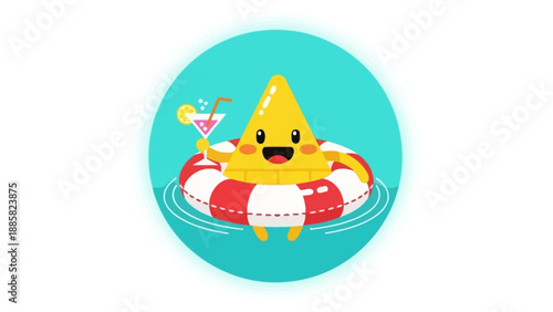 A cartoon slice of lemon floats on a red and white life preserver in water, holding a cocktail glass