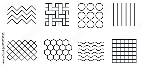Line art geometric patterns set featuring various abstract shapes, lines, and textures for modern design projects